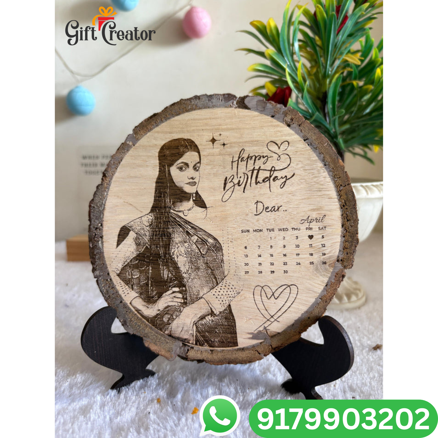 Personalised Photo Text - Natural Slice Wood Round Engraved Frame
