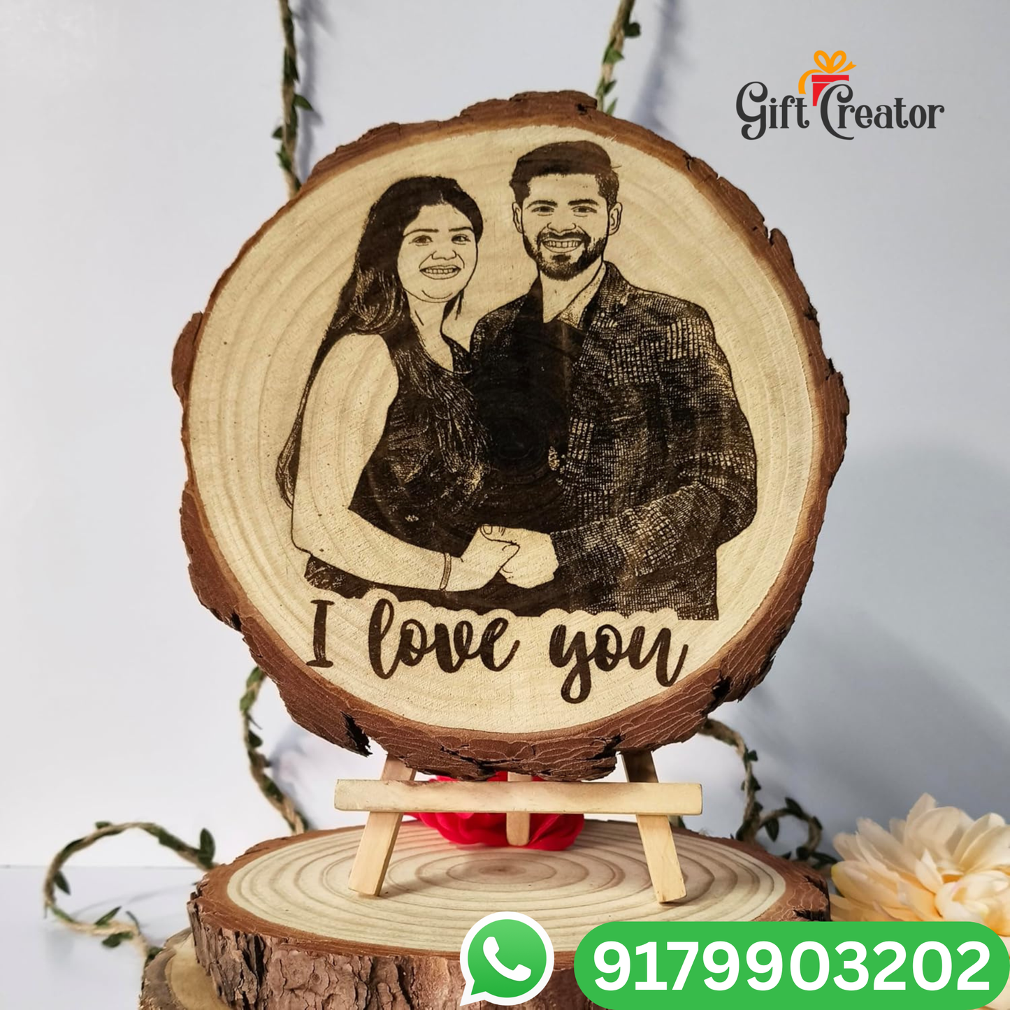 Personalised Photo Text - Natural Slice Wood Round Engraved Frame