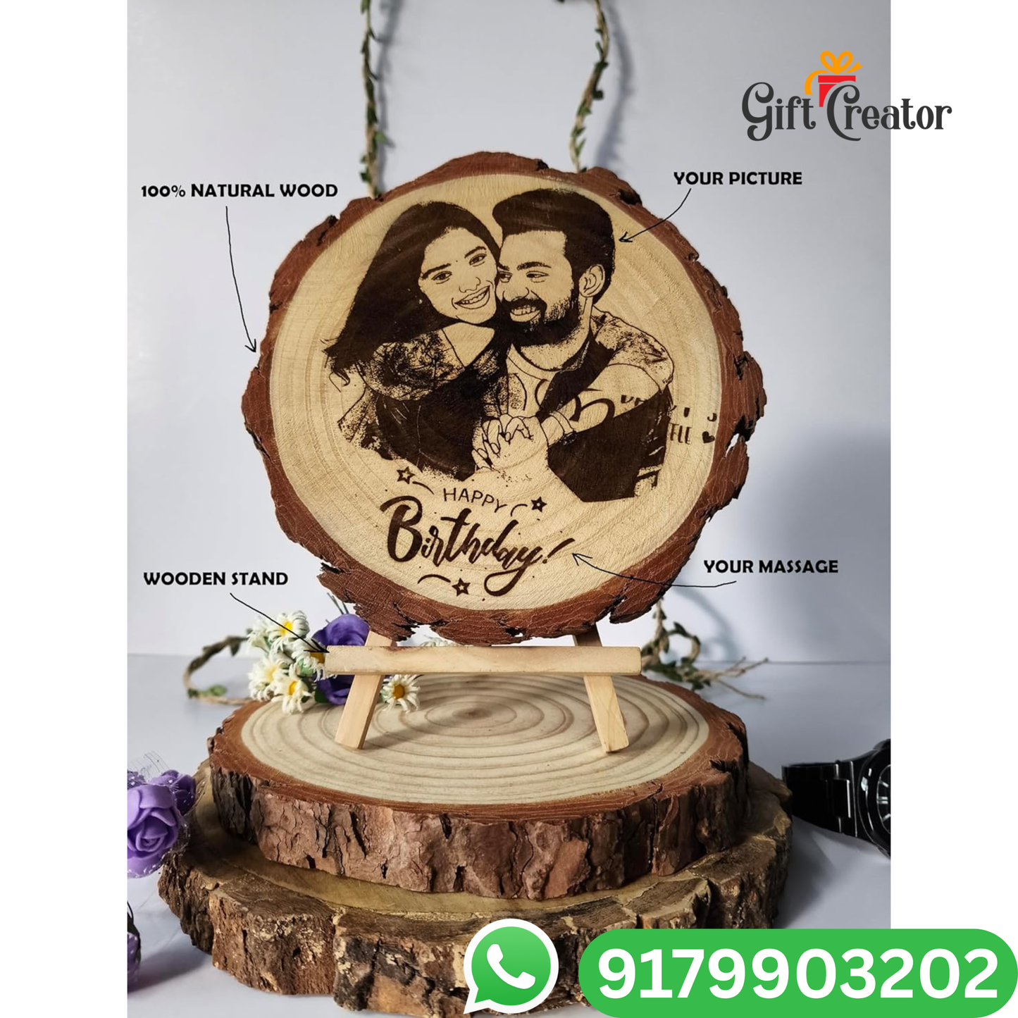 Personalised Photo Text - Natural Slice Wood Round Engraved Frame