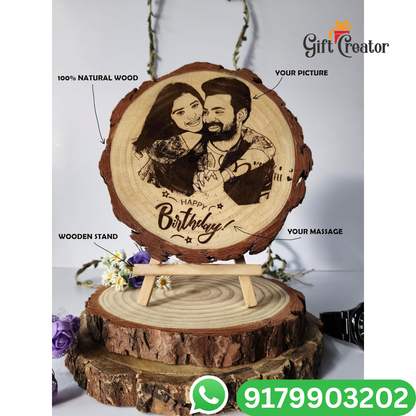 Personalised Photo Text - Natural Slice Wood Round Engraved Frame