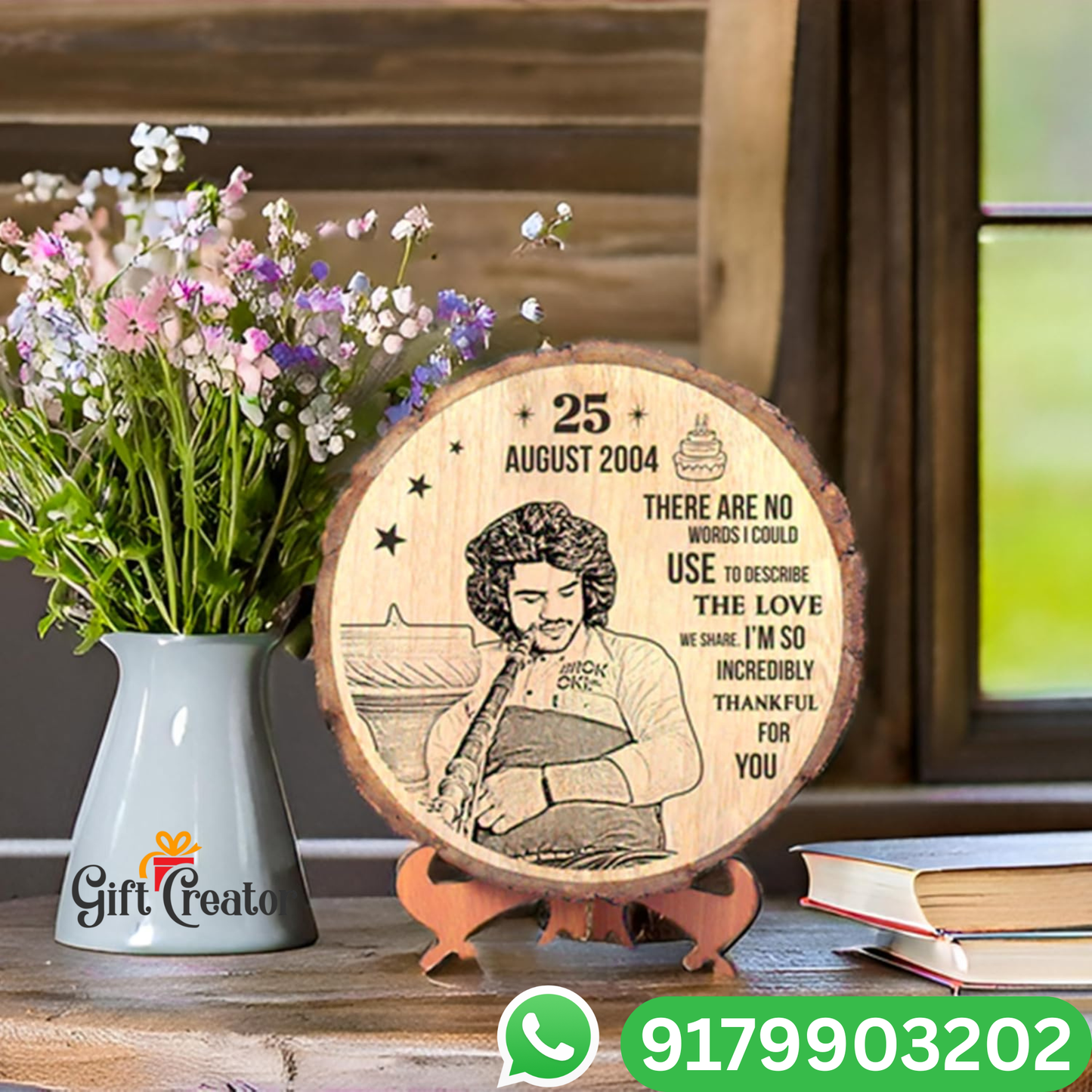 Personalised Photo Text - Natural Slice Wood Round Engraved Frame