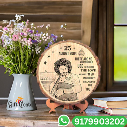 Personalised Photo Text - Natural Slice Wood Round Engraved Frame