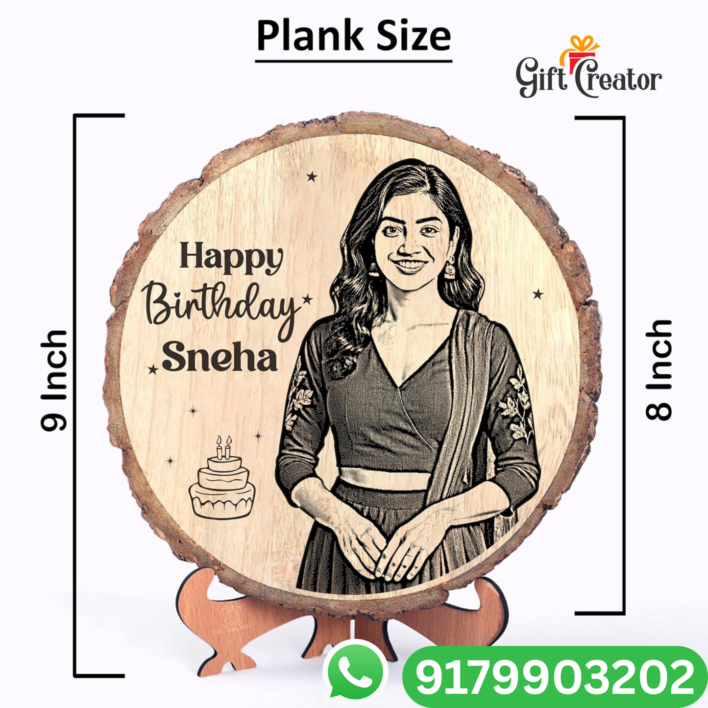 Personalised Photo Text - Natural Slice Wood Round Engraved Frame