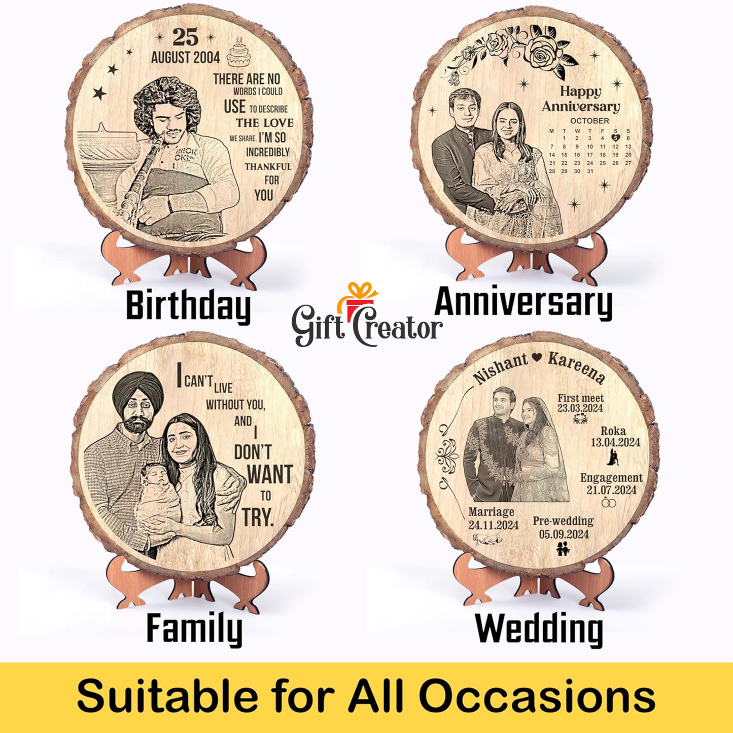 Personalised Photo Text - Natural Slice Wood Round Engraved Frame