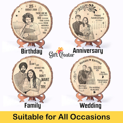 Personalised Photo Text - Natural Slice Wood Round Engraved Frame