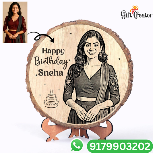 Personalised Photo Text - Natural Slice Wood Round Engraved Frame