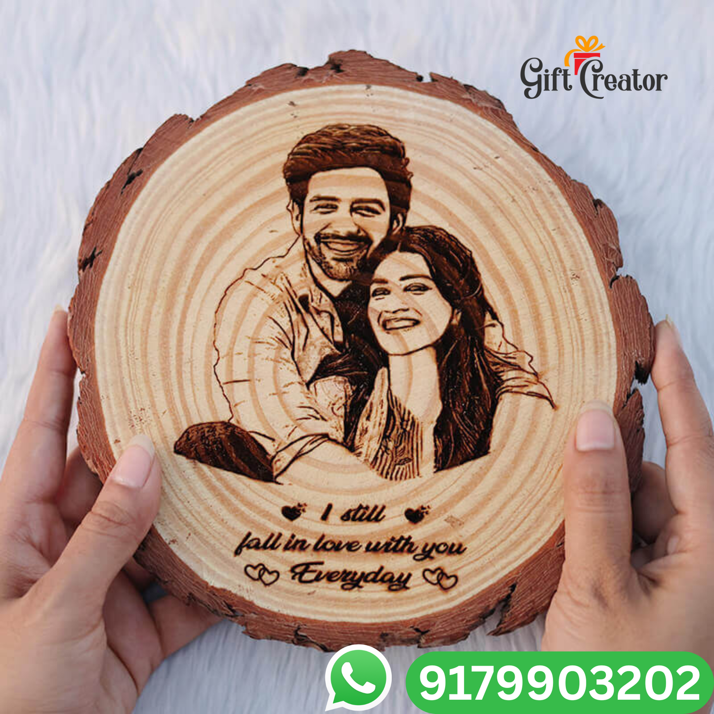 Personalised Photo Text - Natural Slice Wood Round Engraved Frame