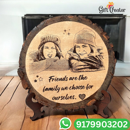 Personalised Photo Text - Natural Slice Wood Round Engraved Frame