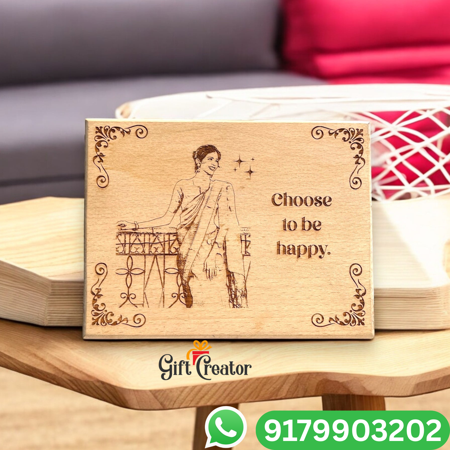 Personalised Frame Photo Text - Natural Wood Square Engraved Frame