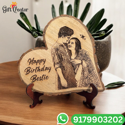 Personalised Photo Text - Natural Wood Heart Engraved Frame