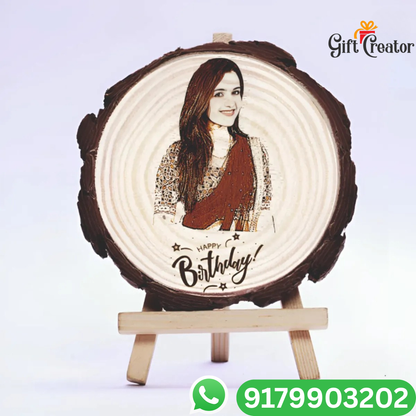 Personalised Photo Text - Natural Slice Wood Round Engraved Frame