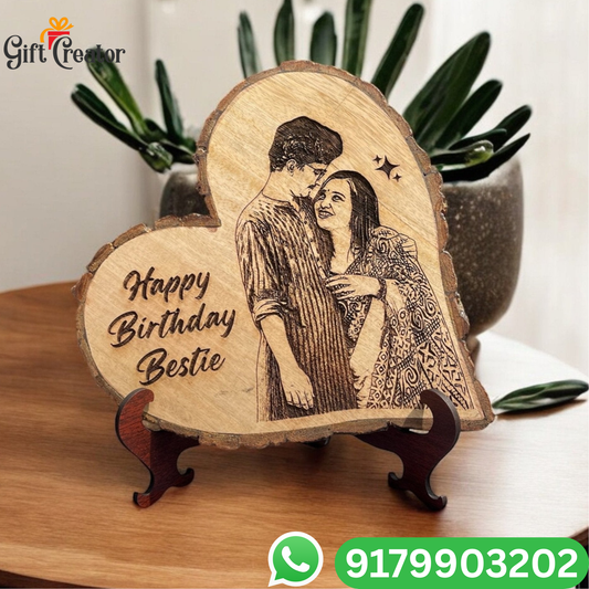 Personalised Photo Text - Natural Wood Heart Engraved Frame