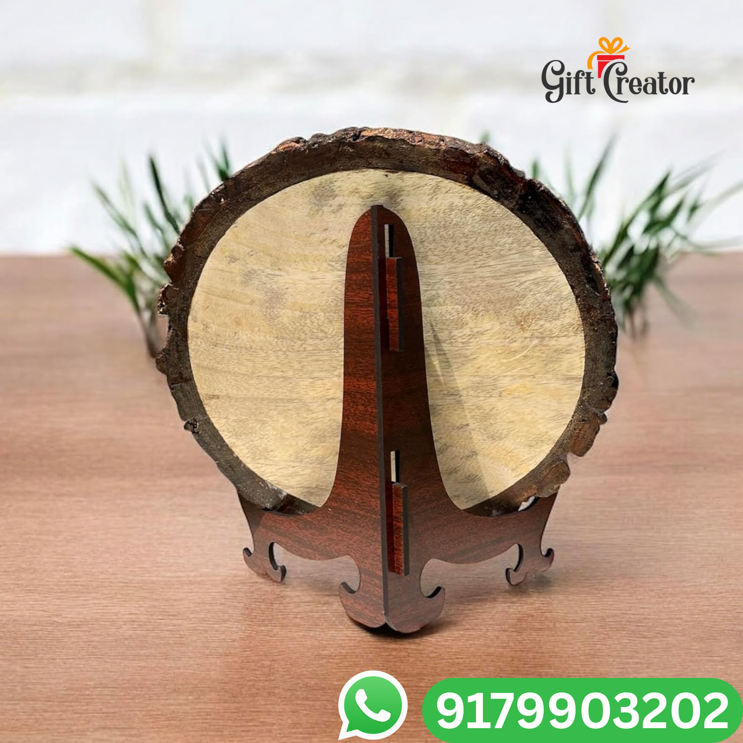 Personalised Photo Text - Natural Slice Wood Round Engraved Frame