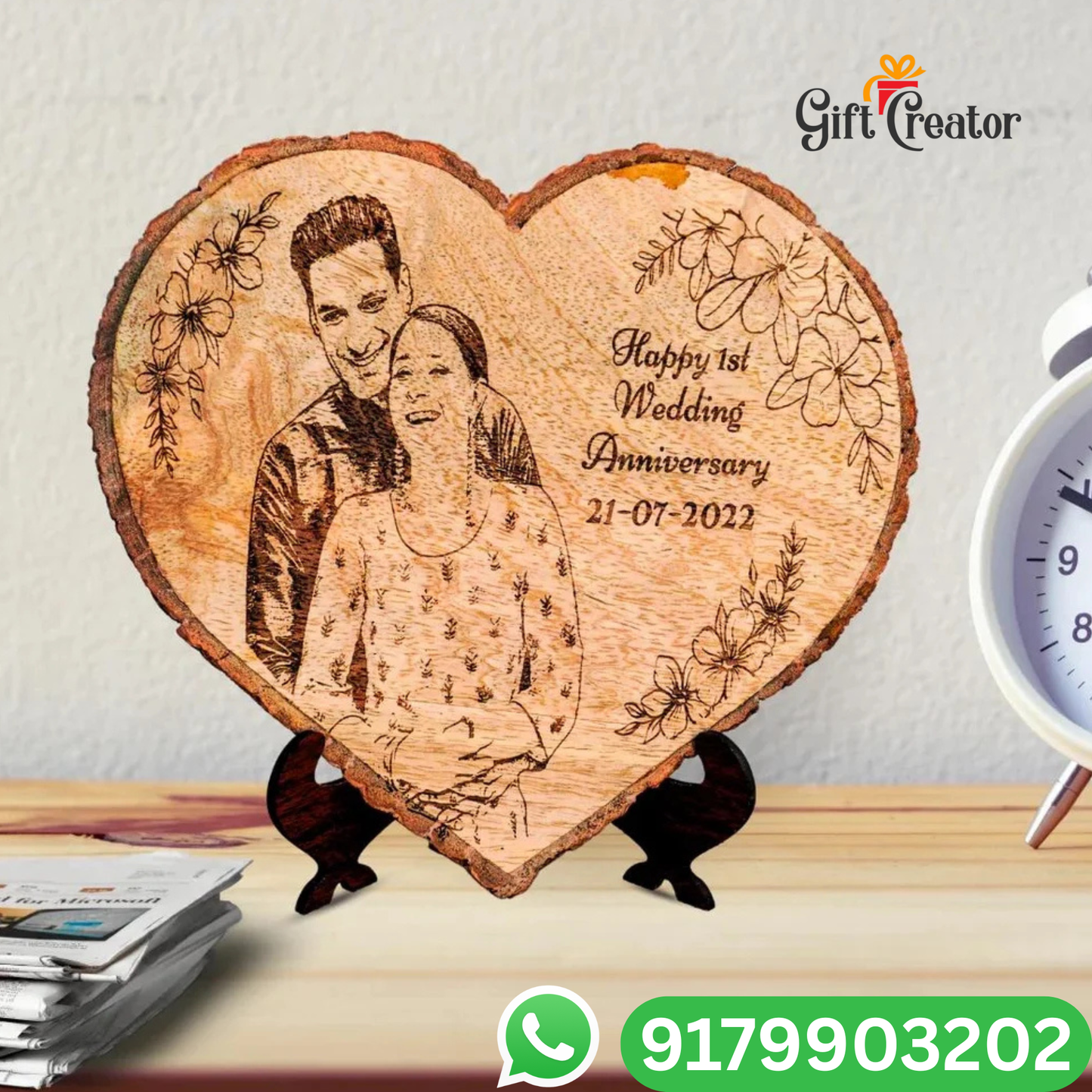 Personalised Photo Text - Natural Wood Heart Engraved Frame