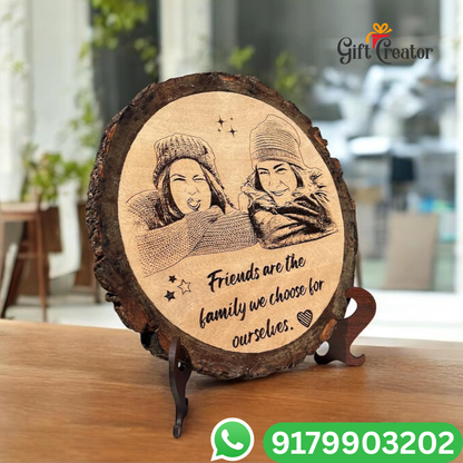 Personalised Photo Text - Natural Slice Wood Round Engraved Frame