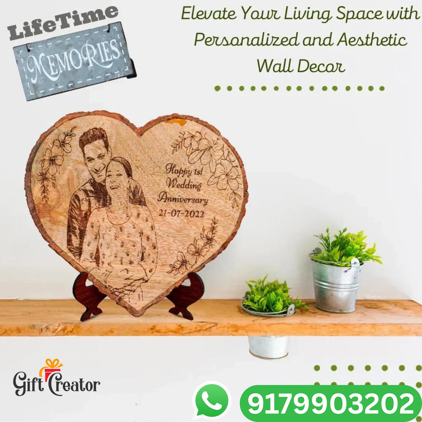 Personalised Photo Text - Natural Wood Heart Engraved Frame