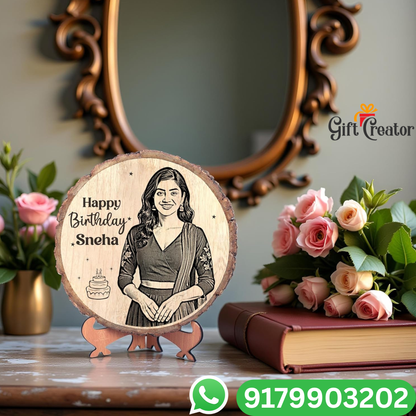 Personalised Photo Text - Natural Slice Wood Round Engraved Frame