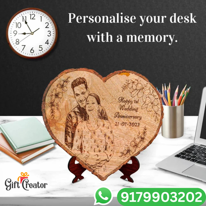 Personalised Photo Text - Natural Wood Heart Engraved Frame